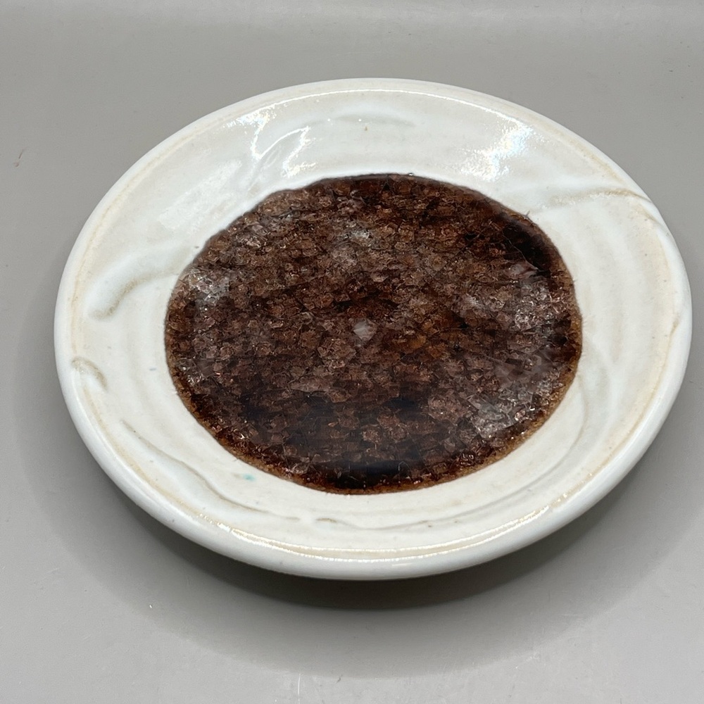 Signed Pottery Trinket Dish With Brown Fused Glass Center 7.25”